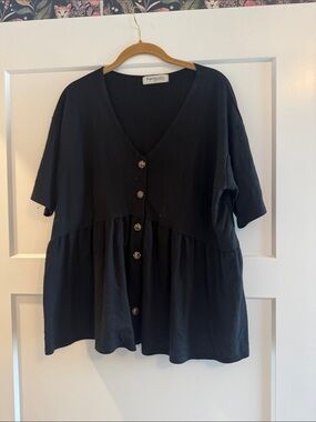 First Impressions Black Button-Front V-Neck Peplum Top